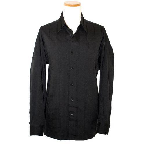 Bassiri Solid Black with Self Woven Stripes Micro Fiber Blend Long Sleeves Shirt #4535